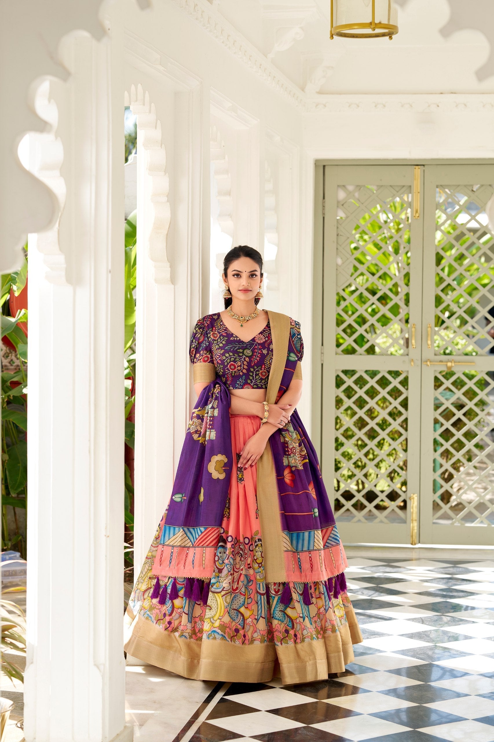 Enchanting Peach Dola Silk Lehenga Choli with Kalamkari Print