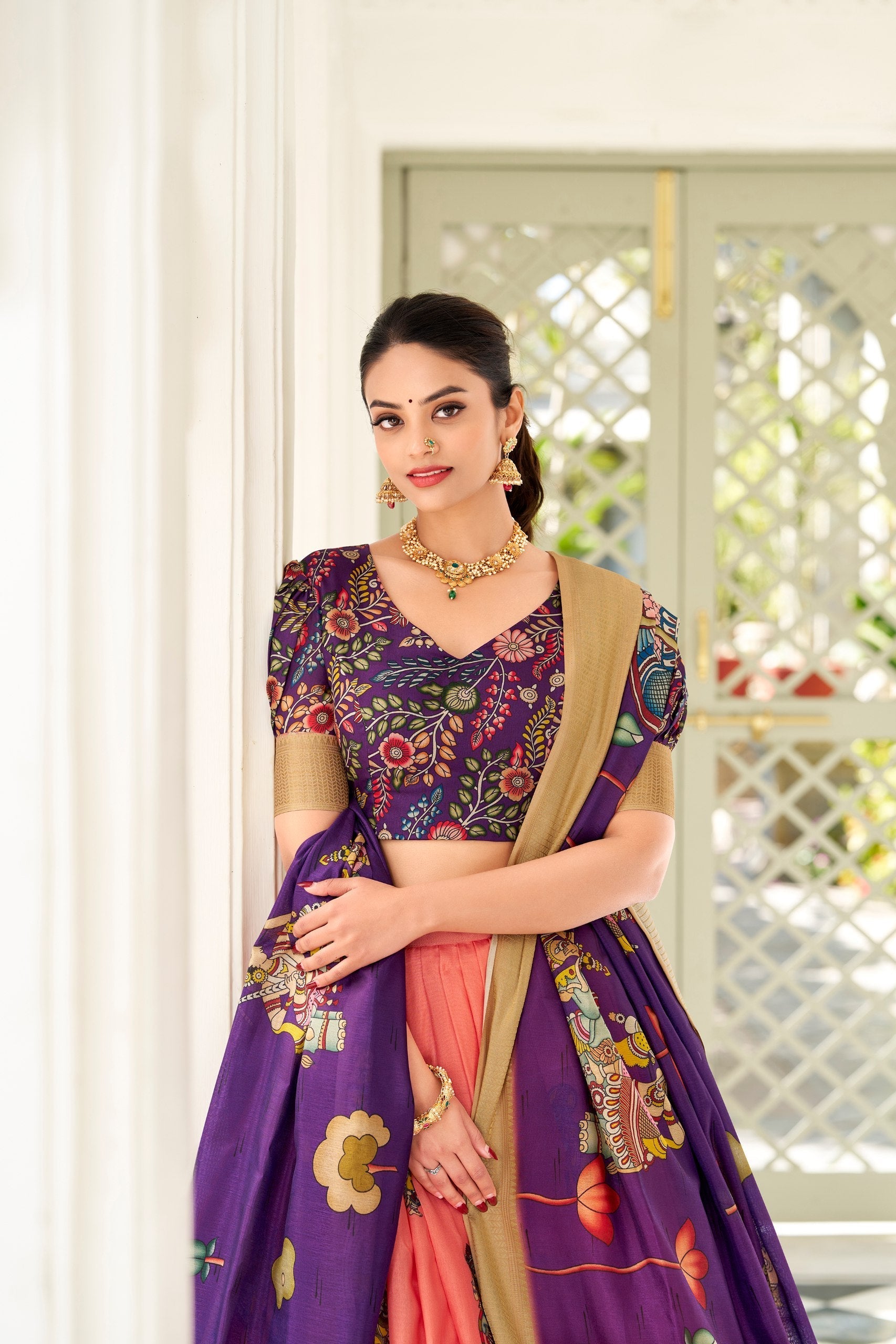 Enchanting Peach Dola Silk Lehenga Choli with Kalamkari Print