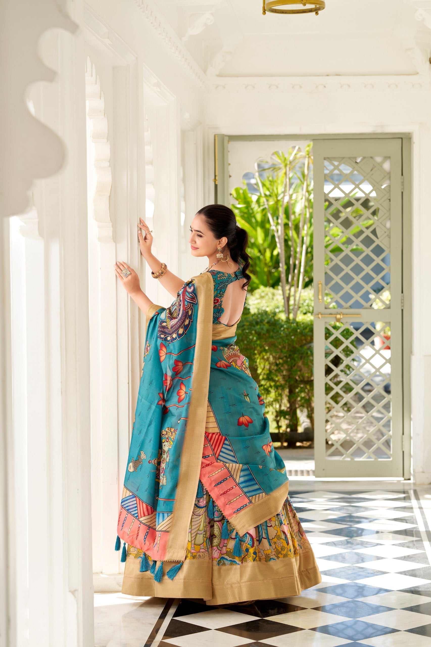 Enchanting Yellow Dola Silk Lehenga Choli with Kalamkari Print