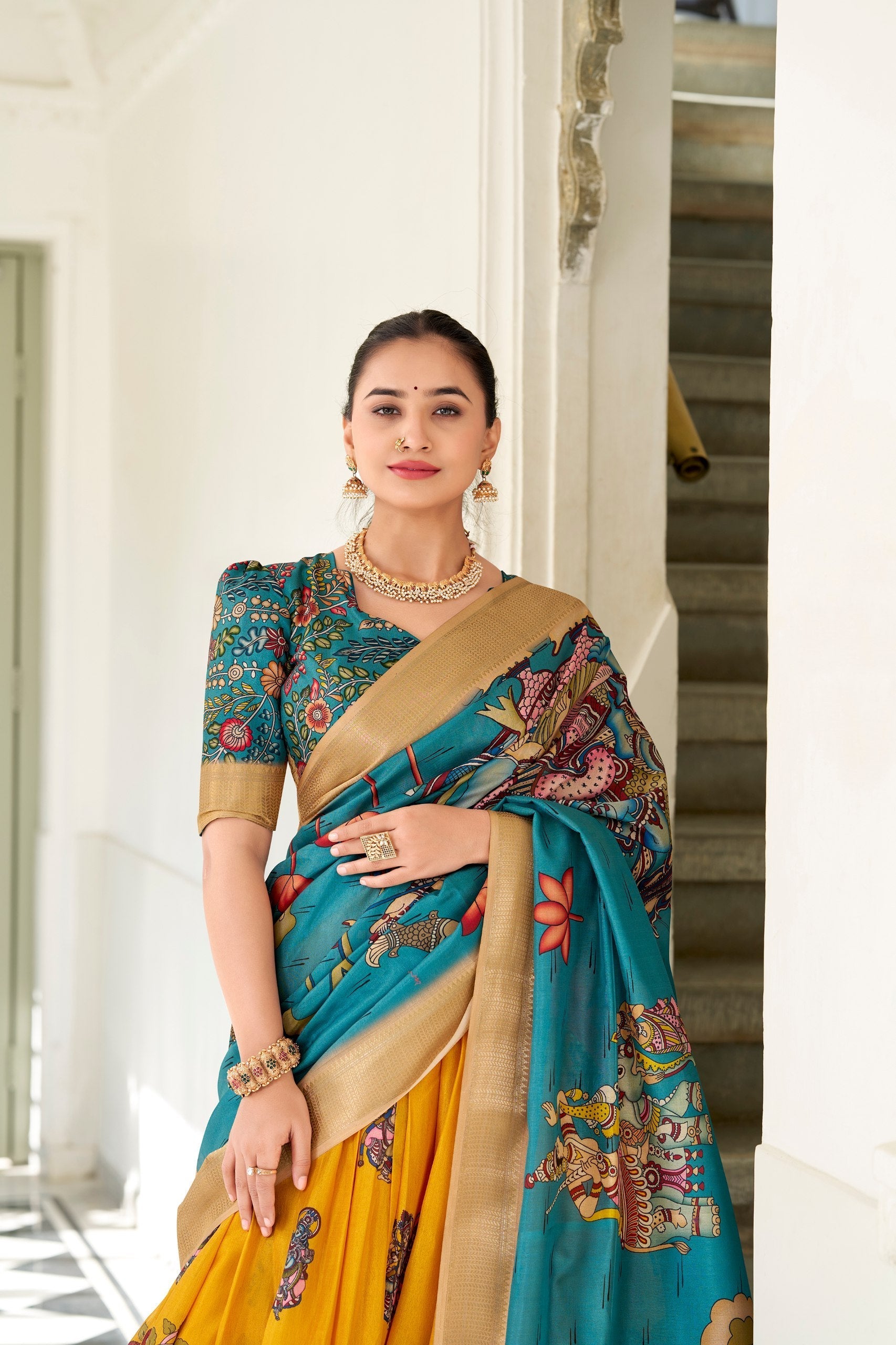 Enchanting Yellow Dola Silk Lehenga Choli with Kalamkari Print