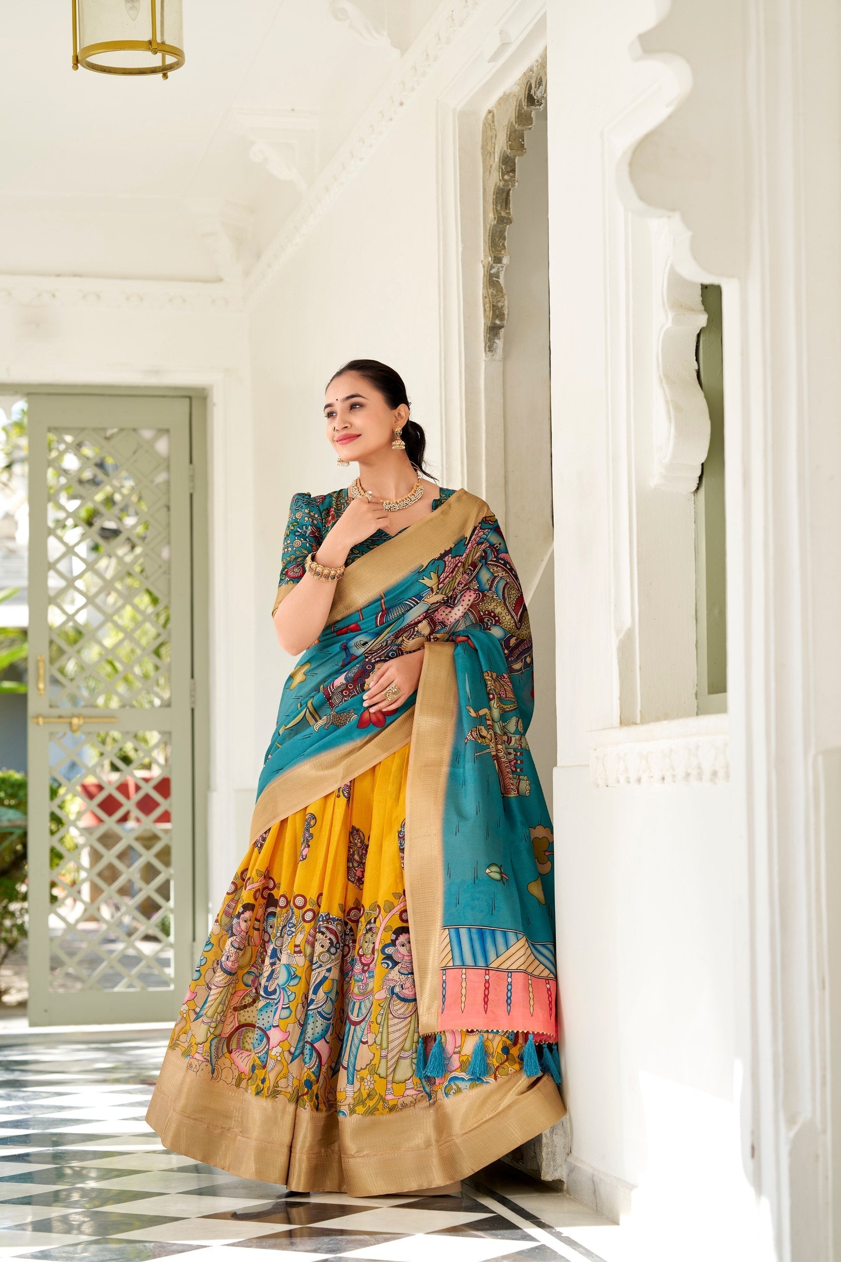 Enchanting Yellow Dola Silk Lehenga Choli with Kalamkari Print