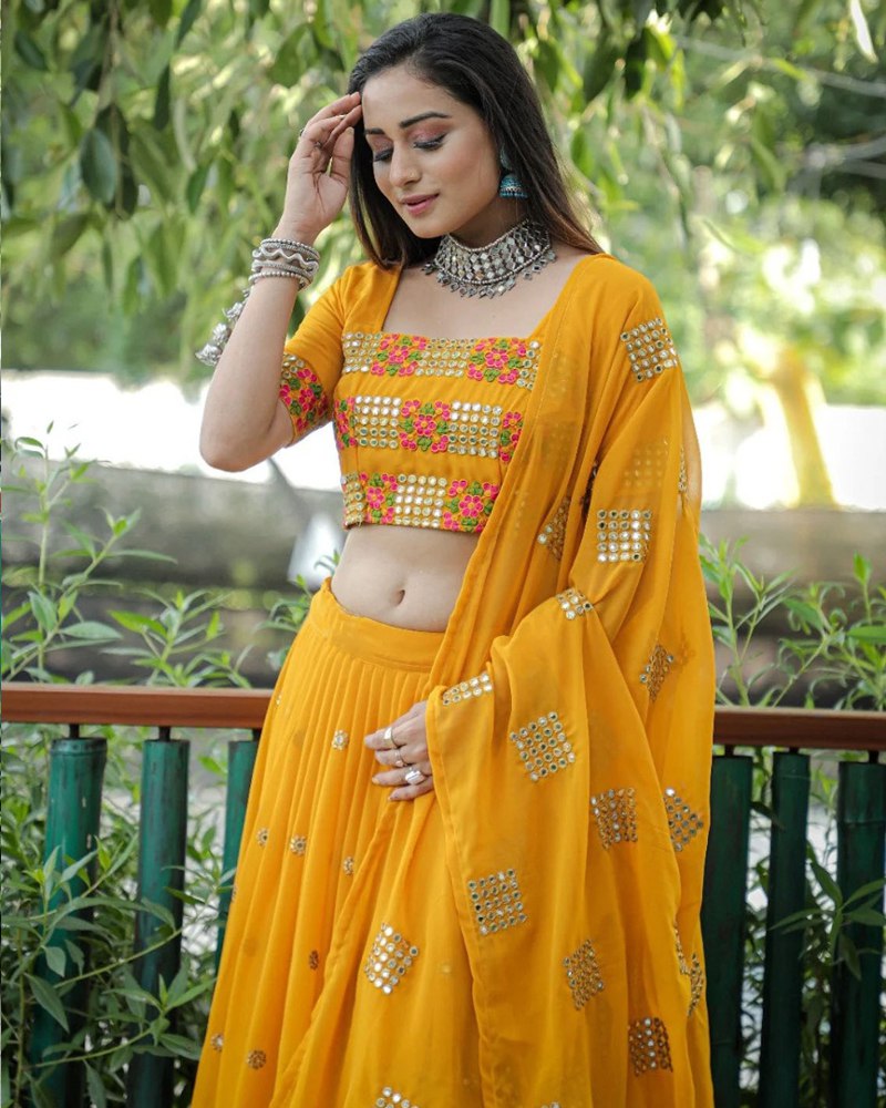 Exquisite Georgette Musterd Lehenga with Sequined Embroidery