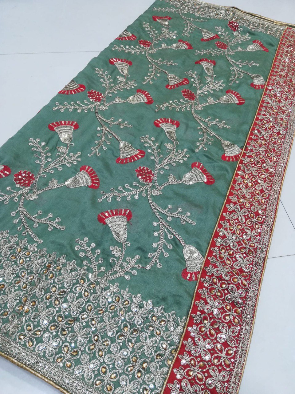 Exquisite Rangoli Silk Green Saree with Thread, Jari, Cording & Sequence Embroidery