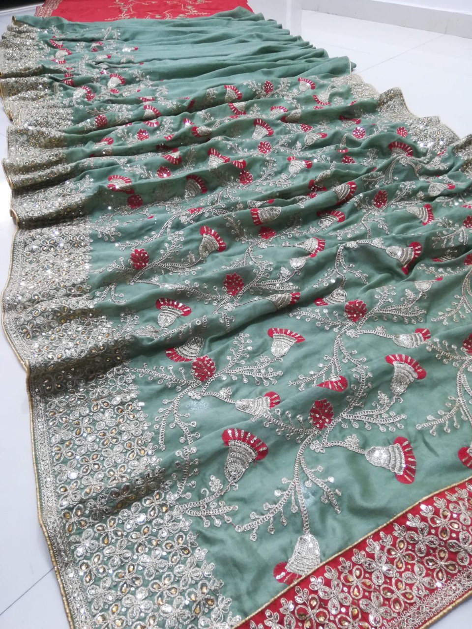 Exquisite Rangoli Silk Green Saree with Thread, Jari, Cording & Sequence Embroidery