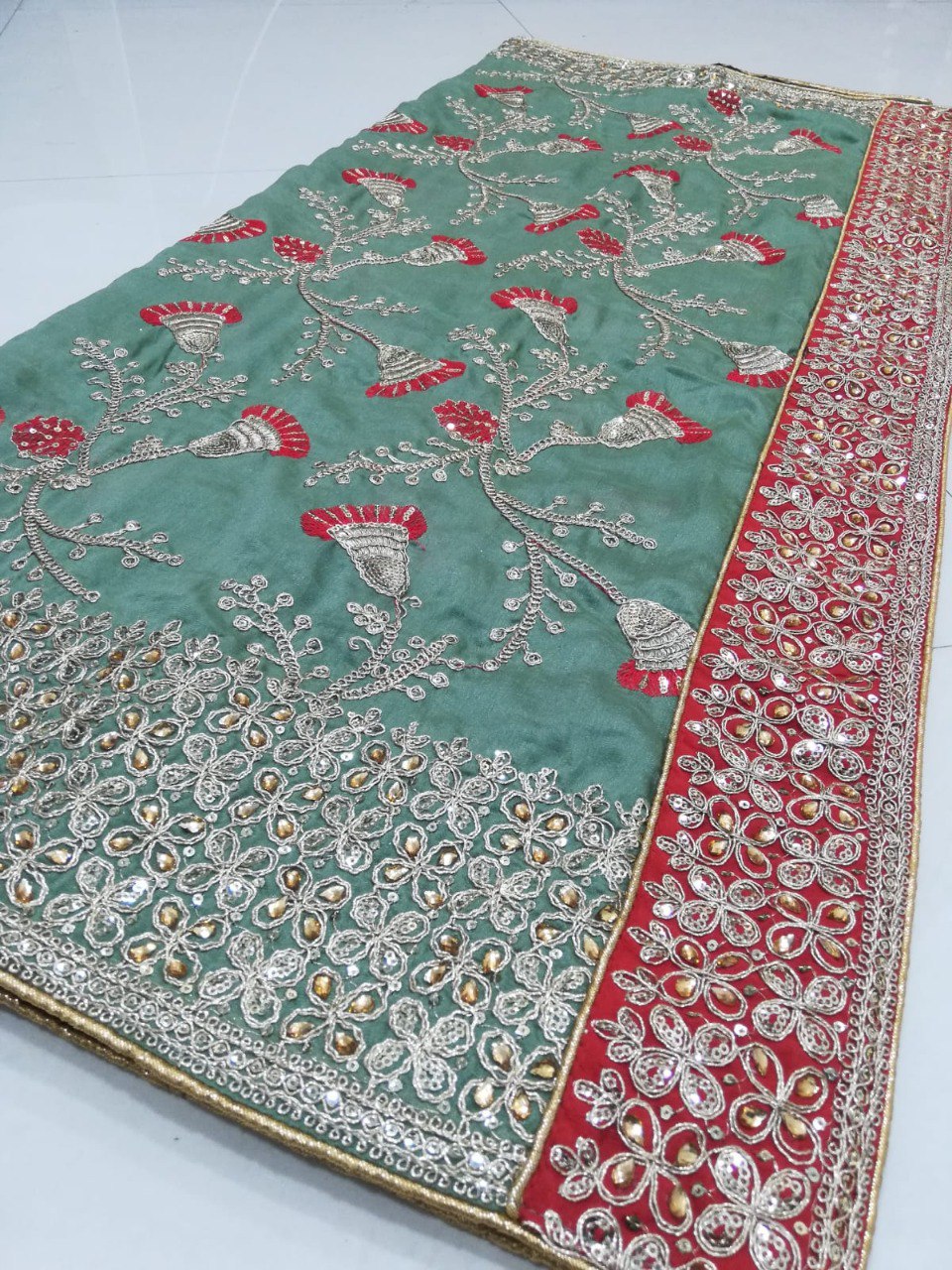 Exquisite Rangoli Silk Green Saree with Thread, Jari, Cording & Sequence Embroidery