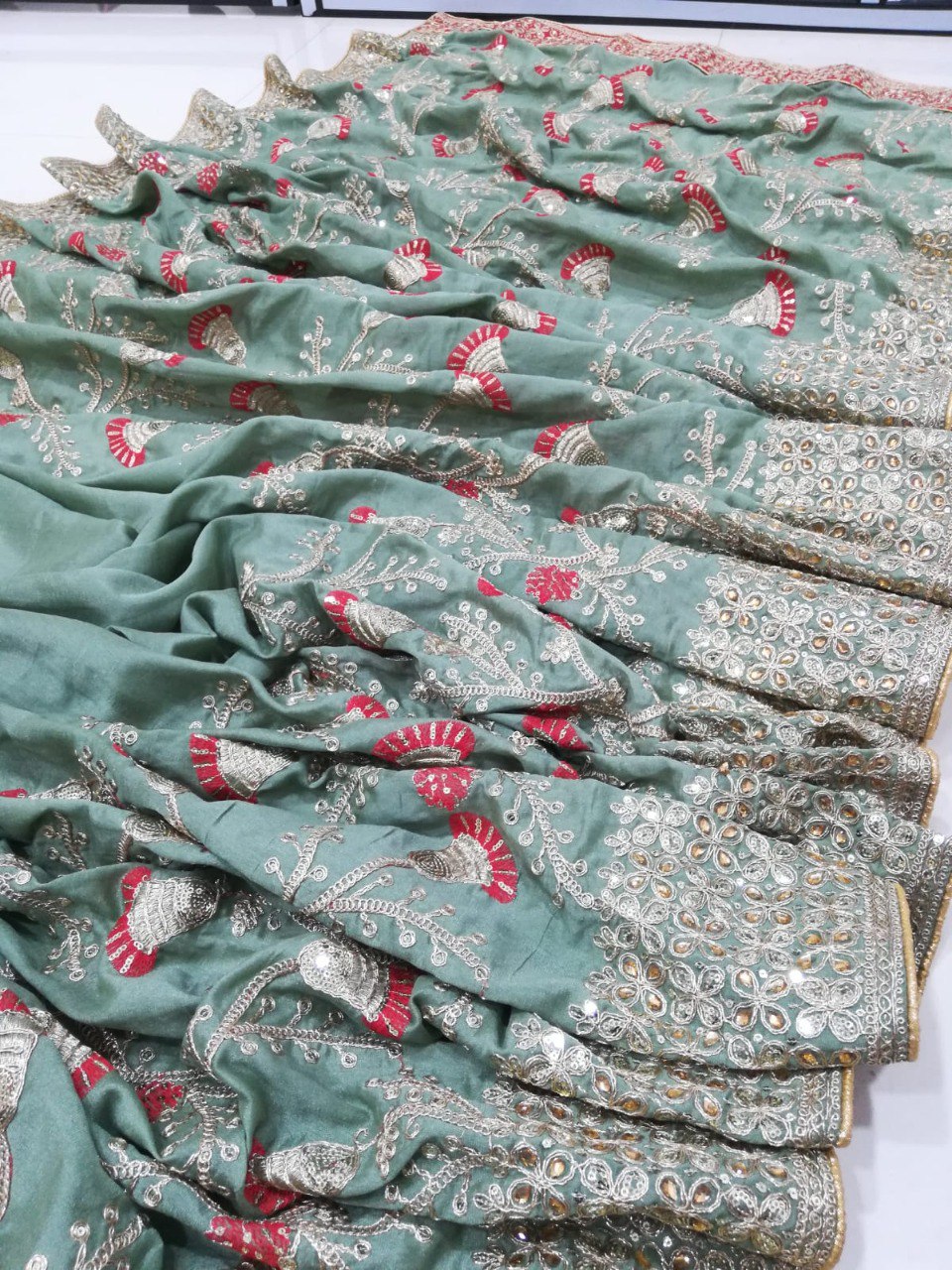 Exquisite Rangoli Silk Green Saree with Thread, Jari, Cording & Sequence Embroidery