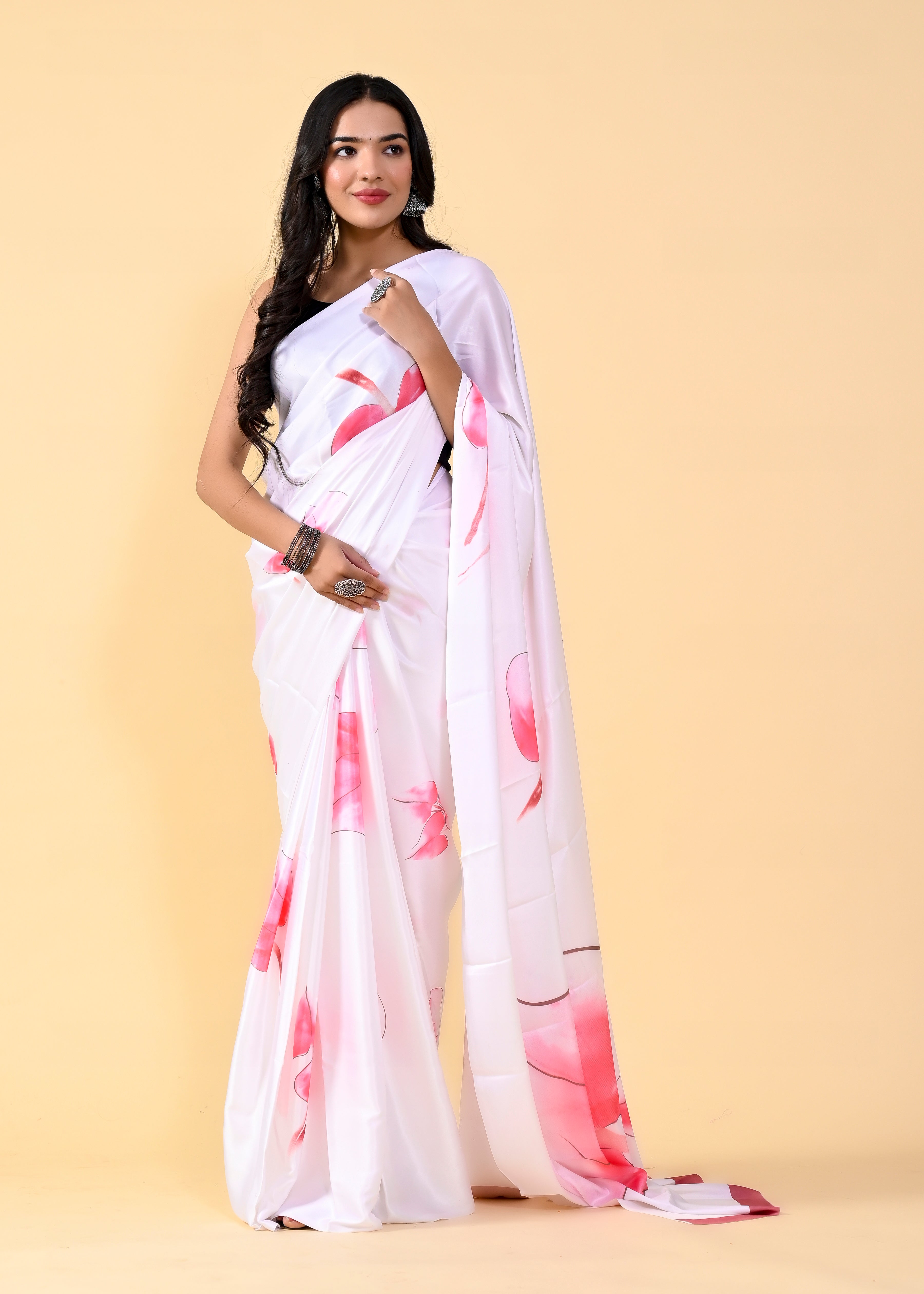 Exquisite White & Pink Floral Saree with Silk Blouse