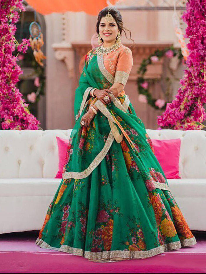 Graceful Green-Orange Sabyasachi Designer Digital Printed Lehenga Choli