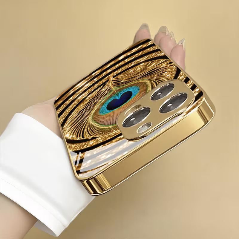 Luxury Golden Peacock Feather Glass Case for iPhone 📱✨
