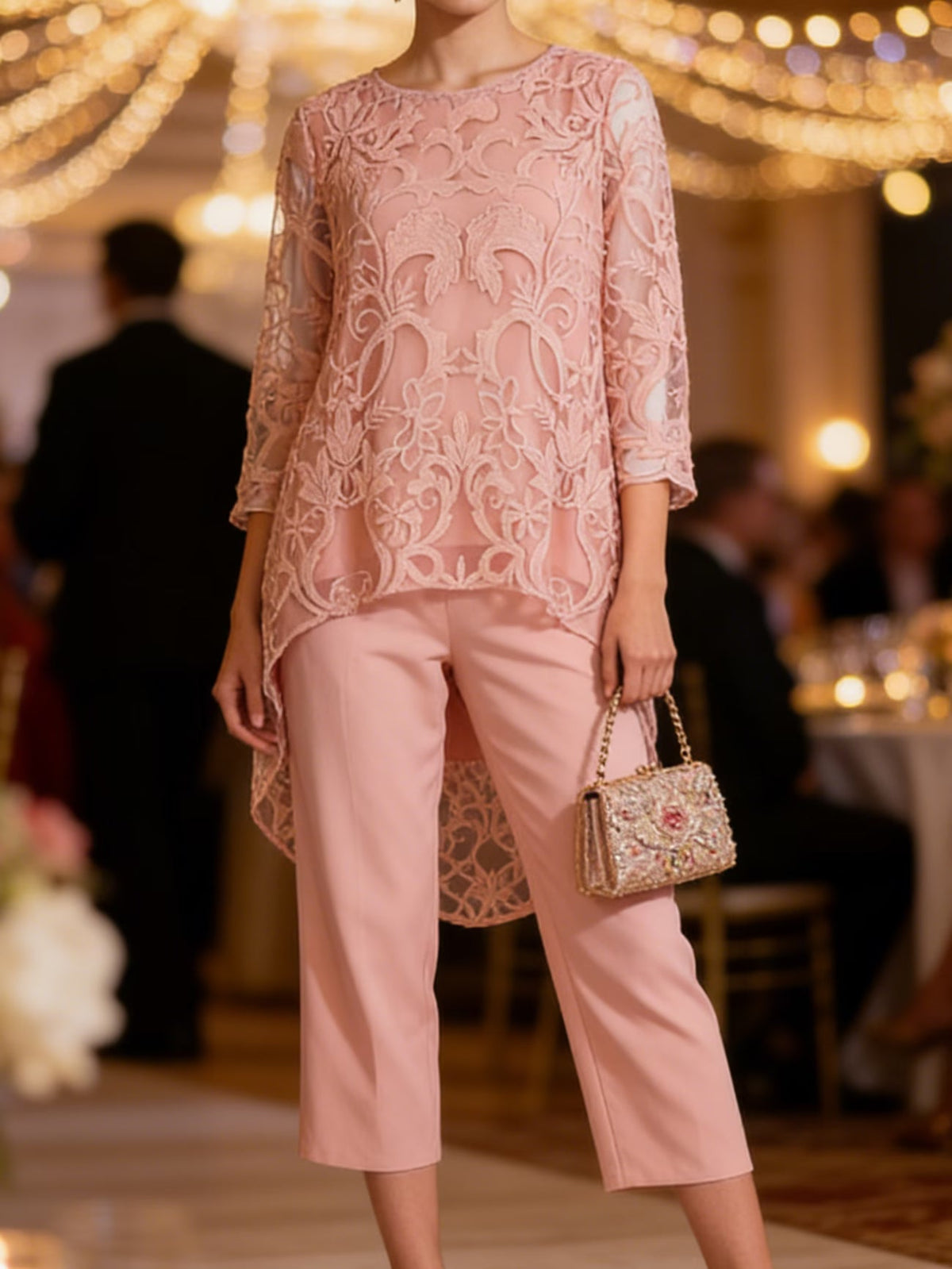 Elegant Lace Chiffon Pantsuit