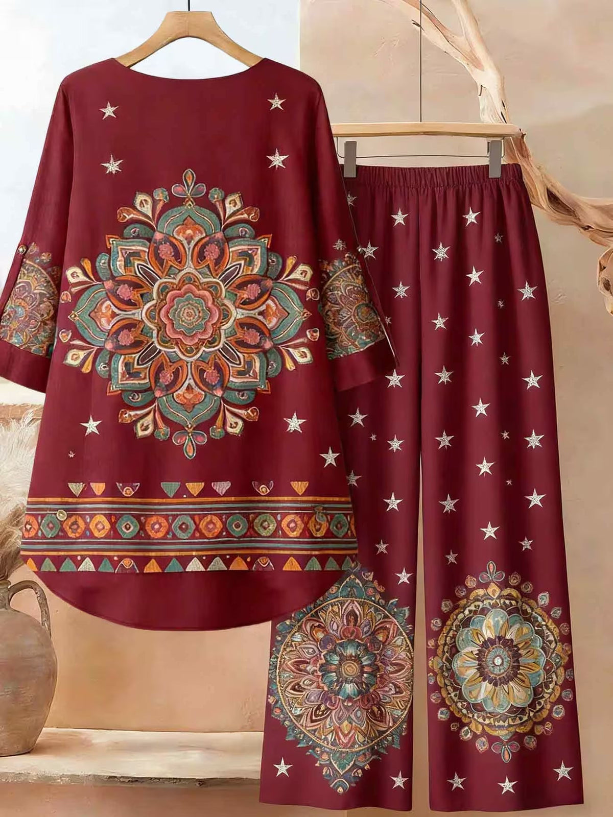 Plus Size Bohemian Printed Co-Ord Set – V-Neck Casual Tunic & Pants Outfit