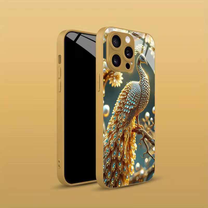Luxury Golden Peacock Feather Glass Case for iPhone 📱✨