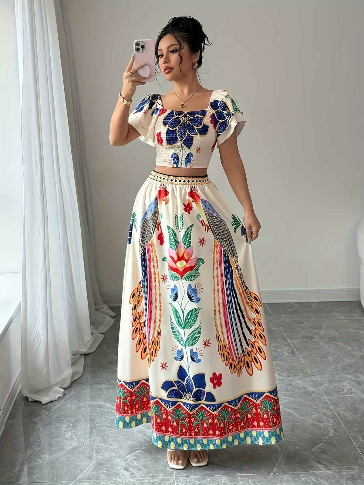 Women Summer Floral Top + Long Skirt Set