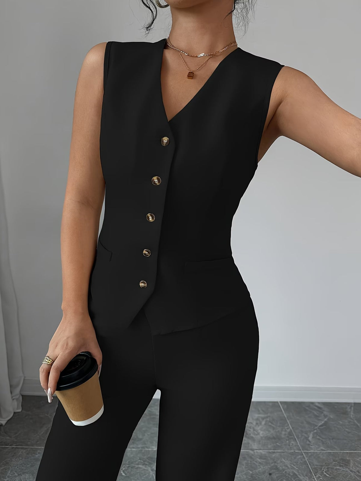 Women's Sleeveless Waist-Cinched Vest & Wide-Leg Pants Two-Piece Set