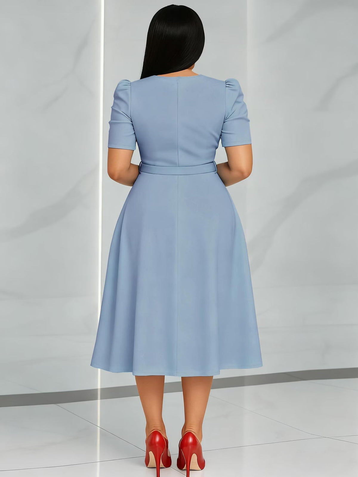 Women's Elegant V-Neck Ruffle Midi Dress with Waist Belt