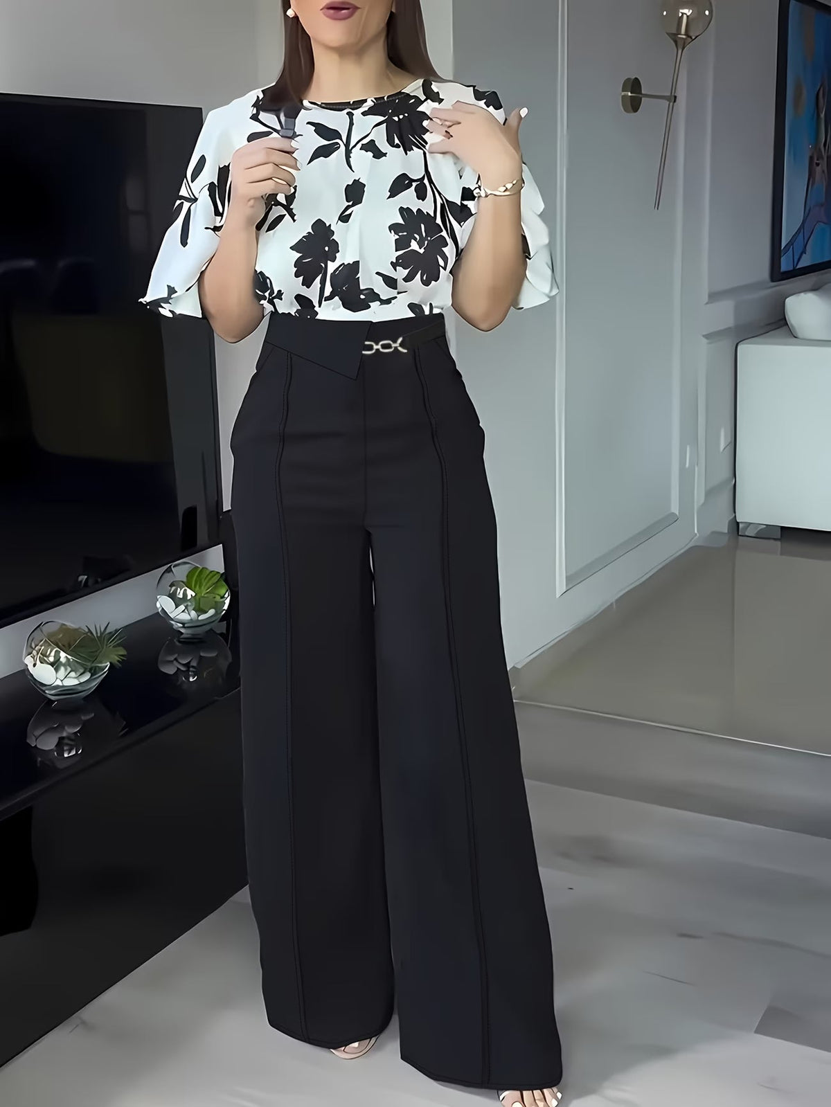 Women's Elegant Printed Shirt & Relaxed Pants Two-Piece Set