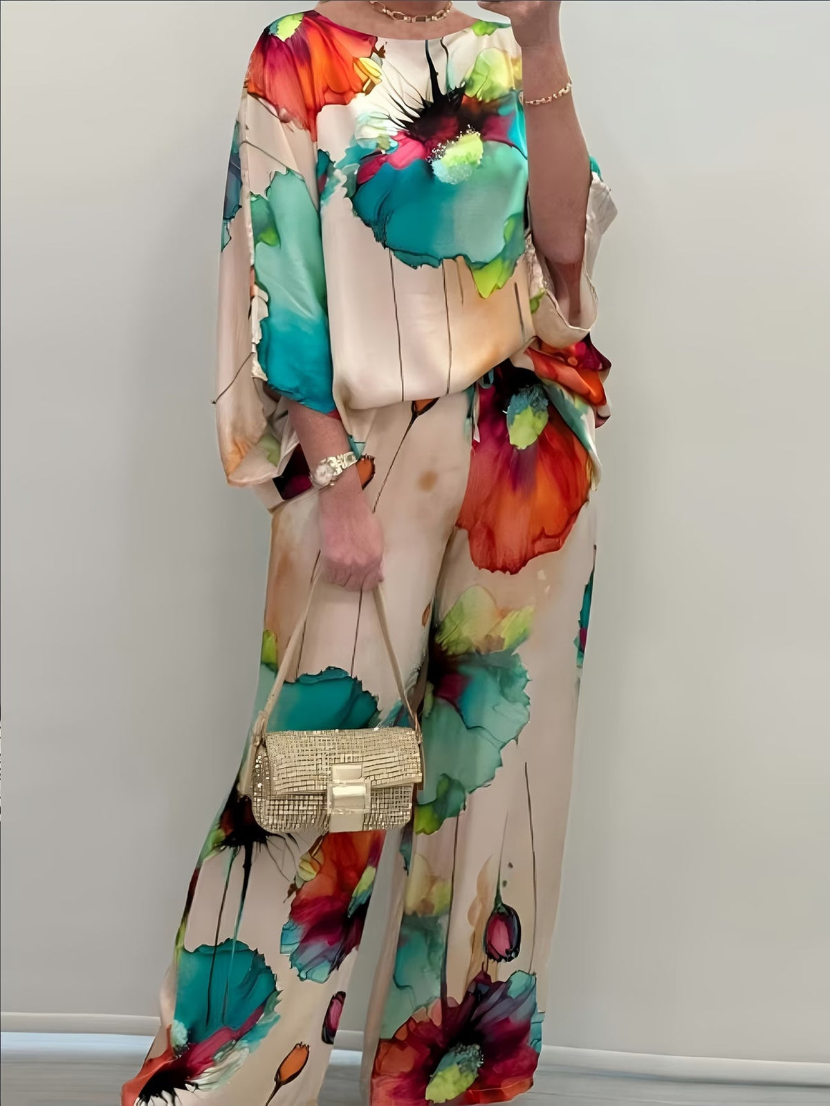 Women's Elegant Printed Batwing Sleeve Two-Piece Set