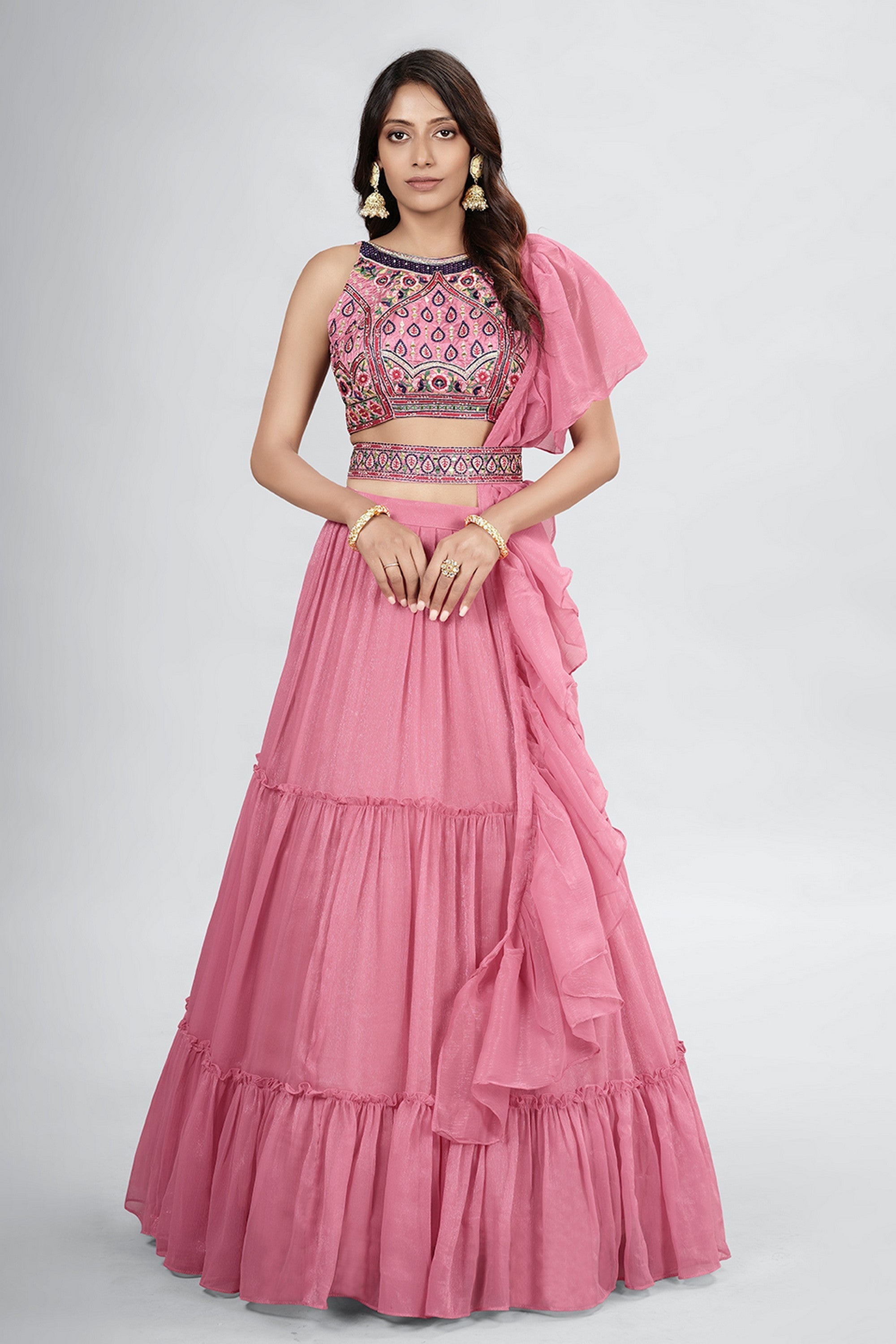 Pink Pakistani Art Silk Lehenga Choli For Indian Festivals & Weddings - Thread Embroidery Work,