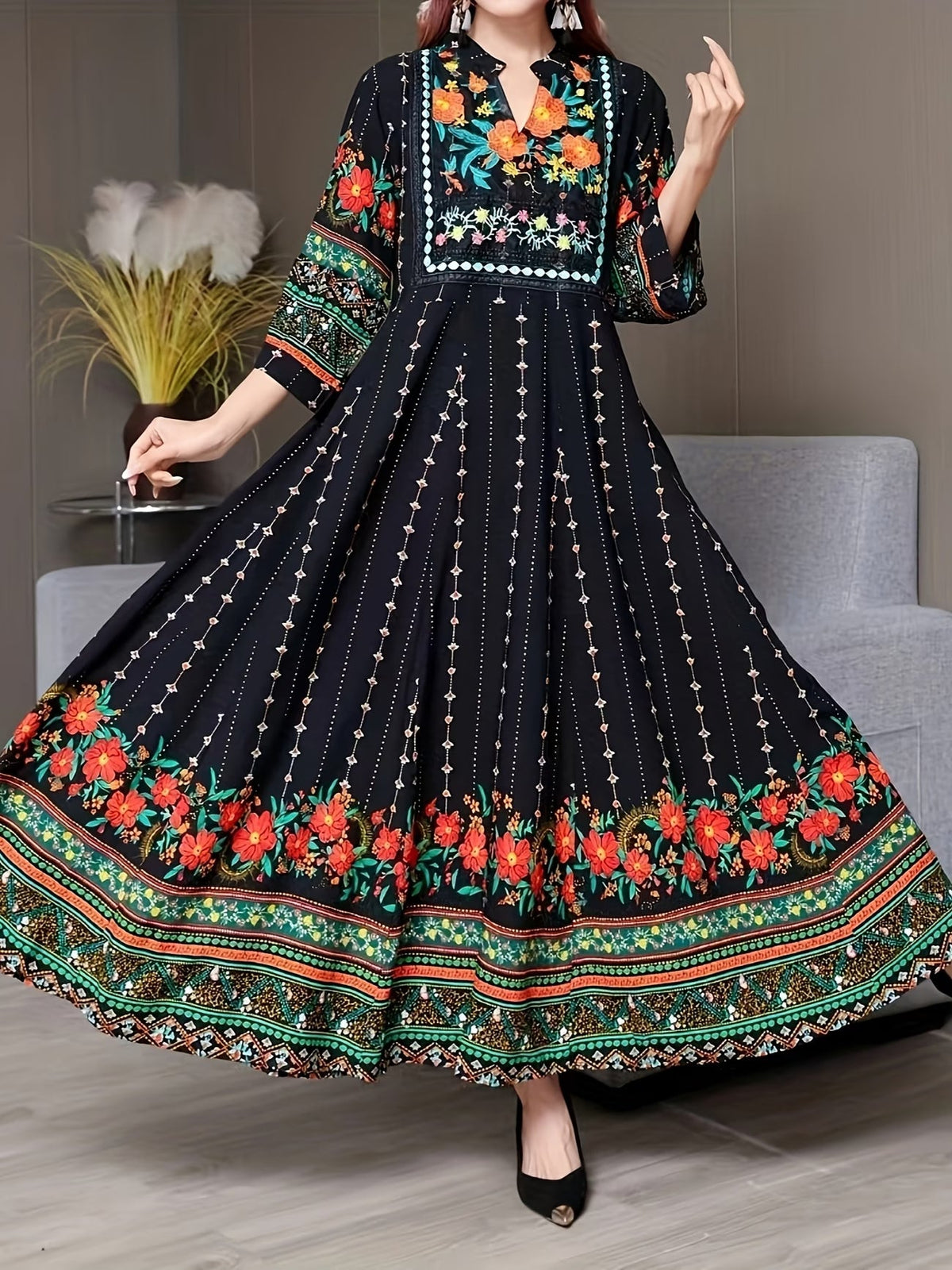 Women's Bohemian Ethnic Print Maxi Dress with Flowing Hem