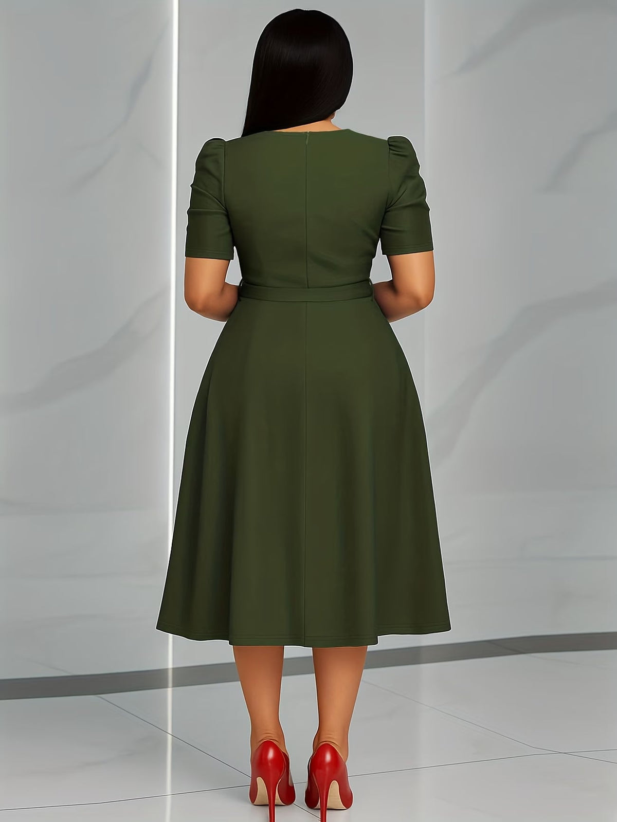Women's Elegant V-Neck Ruffle Midi Dress with Waist Belt