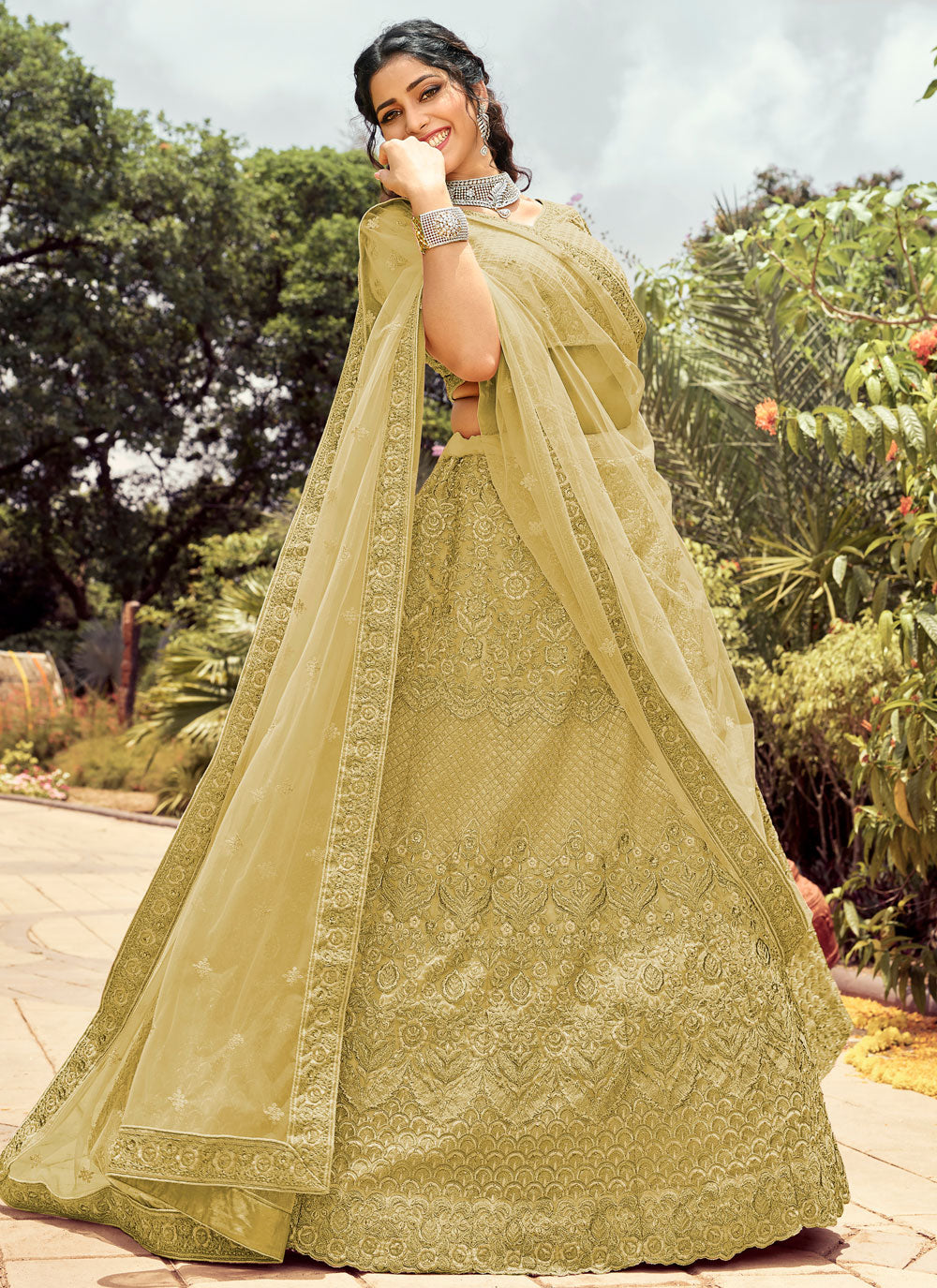 Yellow Embroidered Organza Semi Stitched Lehenga