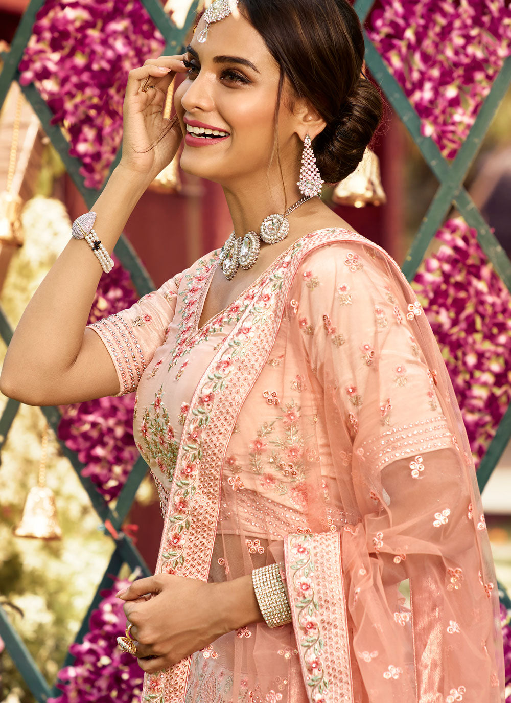 Peach Embroidered Crepe Semi Stitched Lehenga
