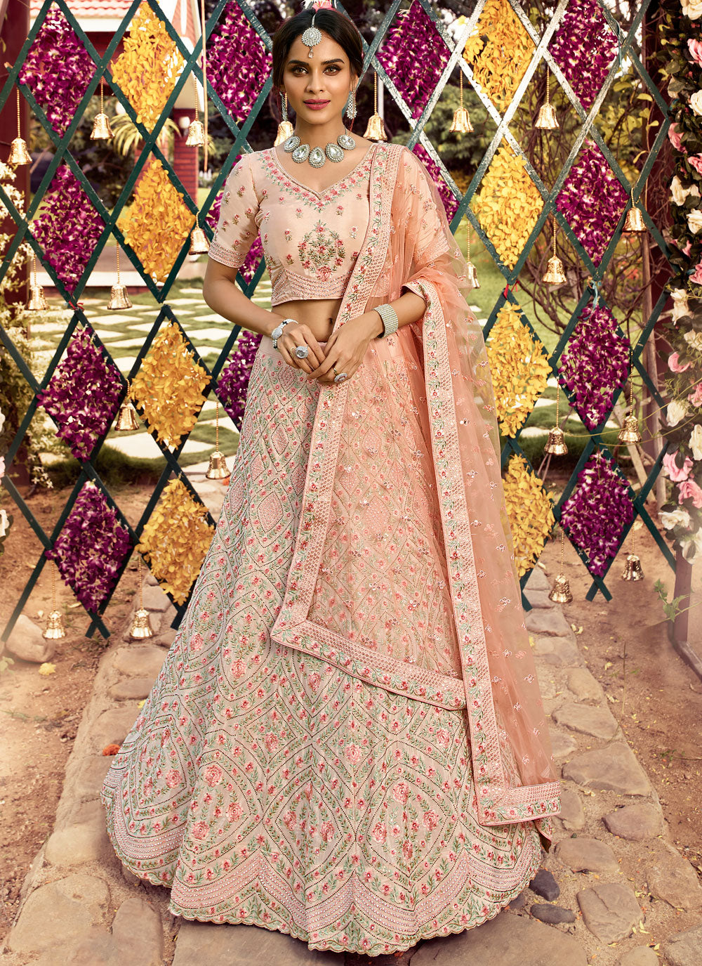 Peach Embroidered Crepe Semi Stitched Lehenga