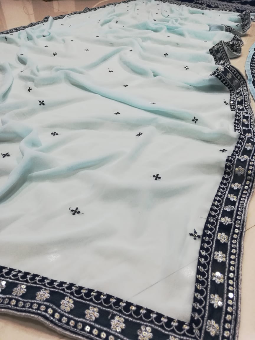 Faux Georgette Nevy Blue Lehenga Choli Dupatta Set with Thread & Sequence Embroidery