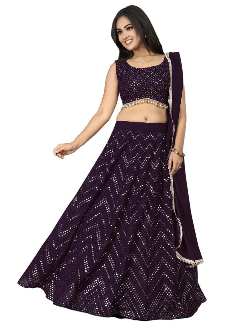 Faux Georgette Nevy Blue Lehenga Choli Dupatta Set with Thread & Sequence Embroidery