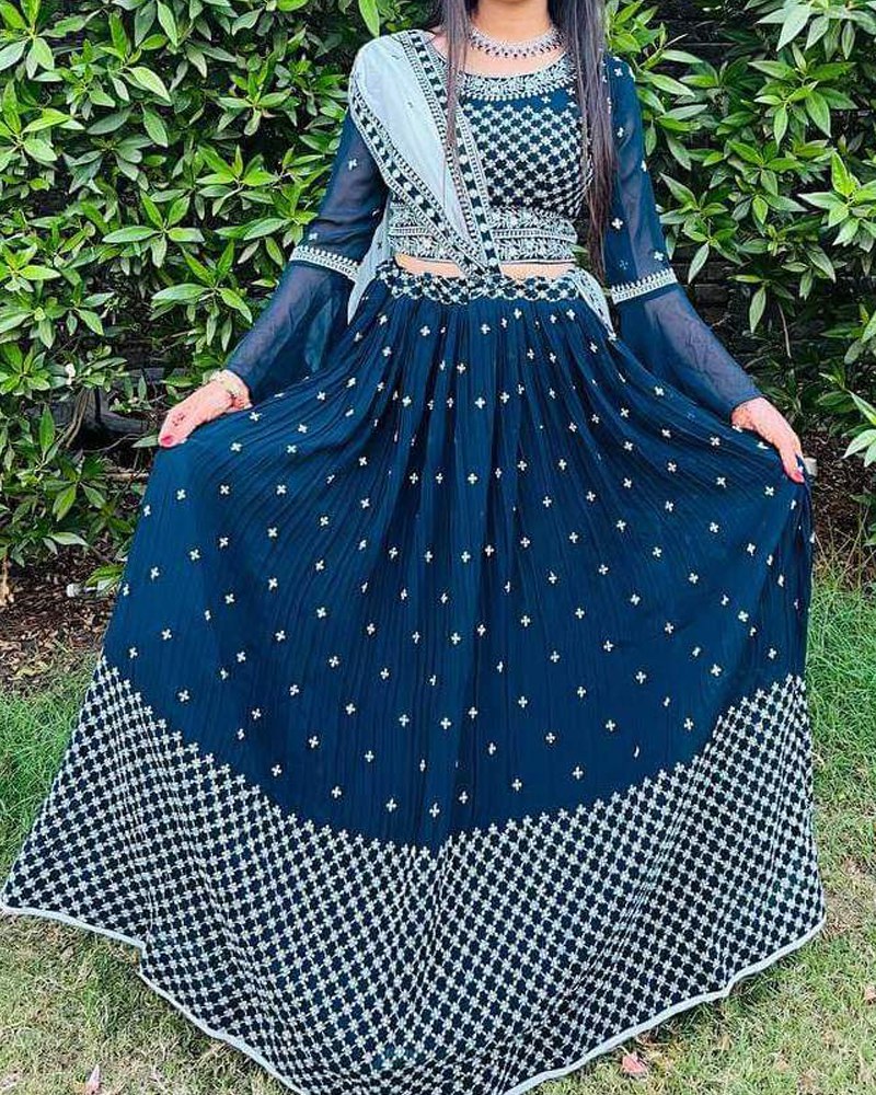 Faux Georgette Nevy Blue Lehenga Choli Dupatta Set with Thread & Sequence Embroidery