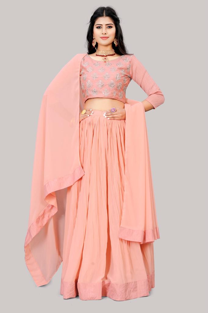Faux Georgette Pink Lehenga Choli Set with Crush Work & Embroidered Heavy Banglori Silk Choli