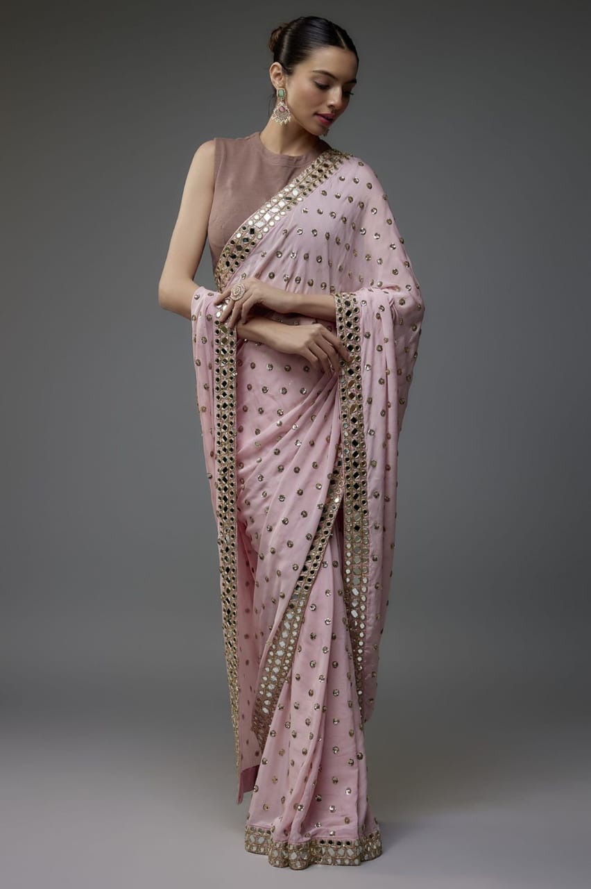 Faux Georgette Saree with 5MM Sequins Butti Work & Mirror Lace Border
