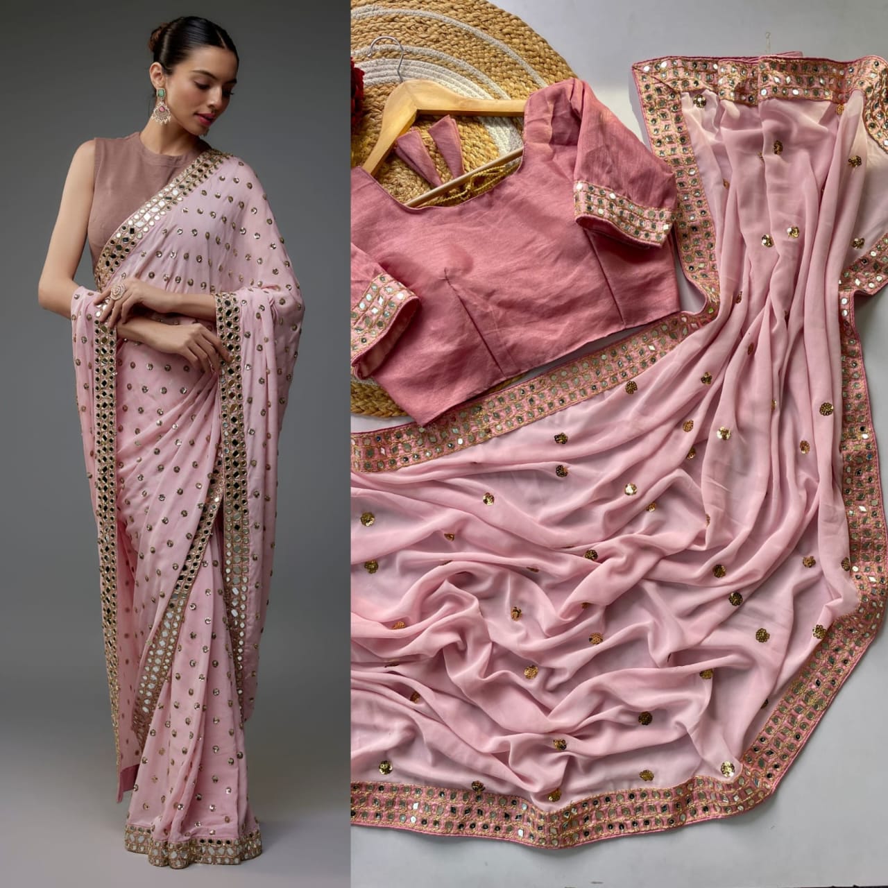 Faux Georgette Saree with 5MM Sequins Butti Work & Mirror Lace Border