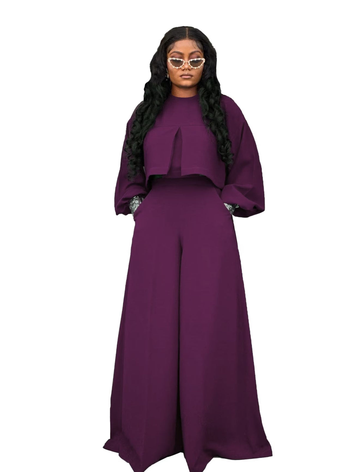 Plus Size Elegant Lantern Sleeve Top & Wide-Leg Pants Set