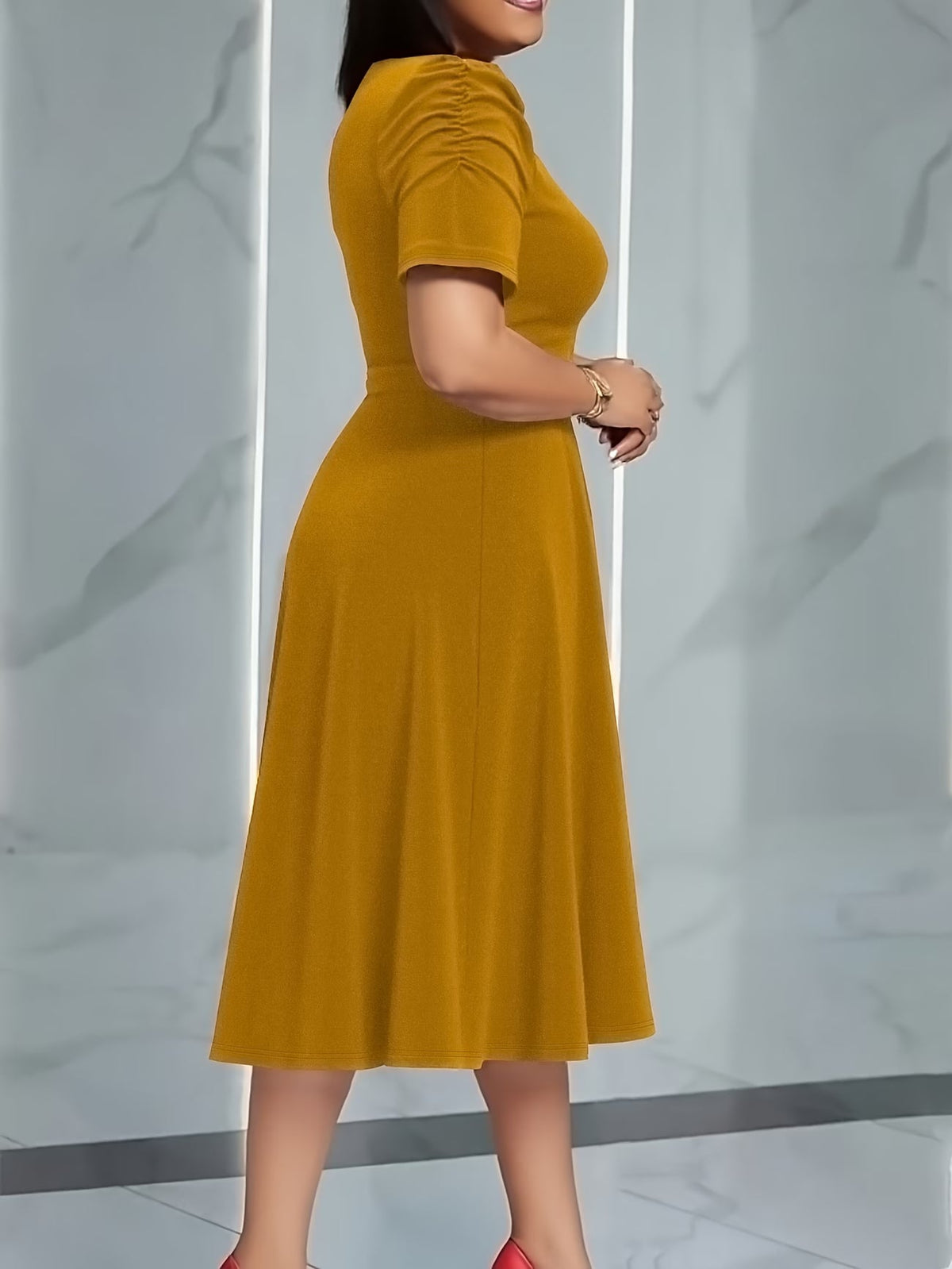 Women's Elegant V-Neck Ruffle Midi Dress with Waist Belt