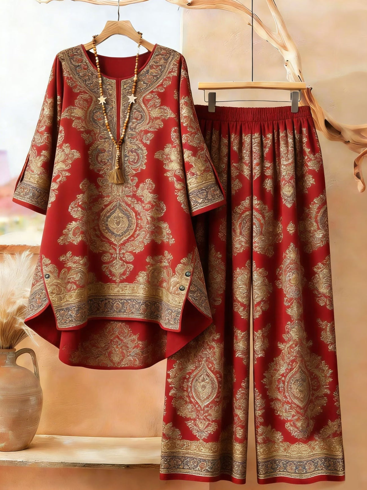 Plus Size Bohemian Printed Co-Ord Set – V-Neck Casual Tunic & Pants Outfit