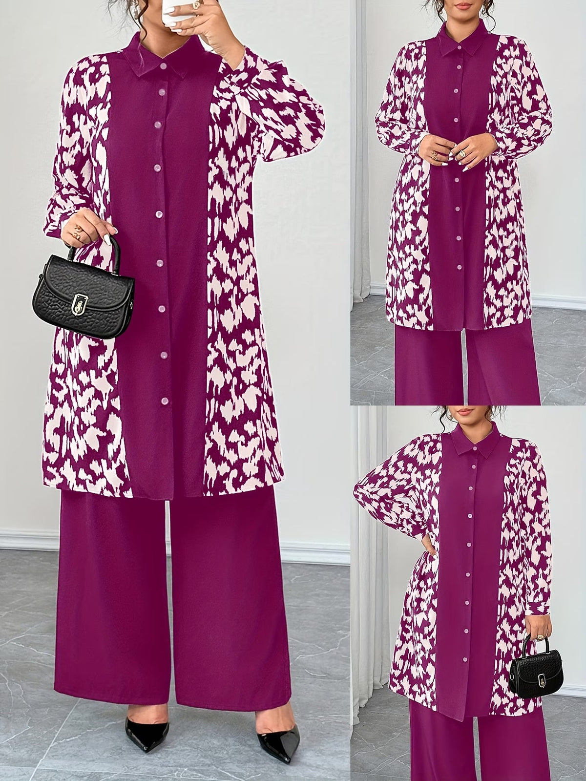 Women's Elegant Patchwork Cardigan, Mid-Length Shirt & Straight-Leg Trousers Set