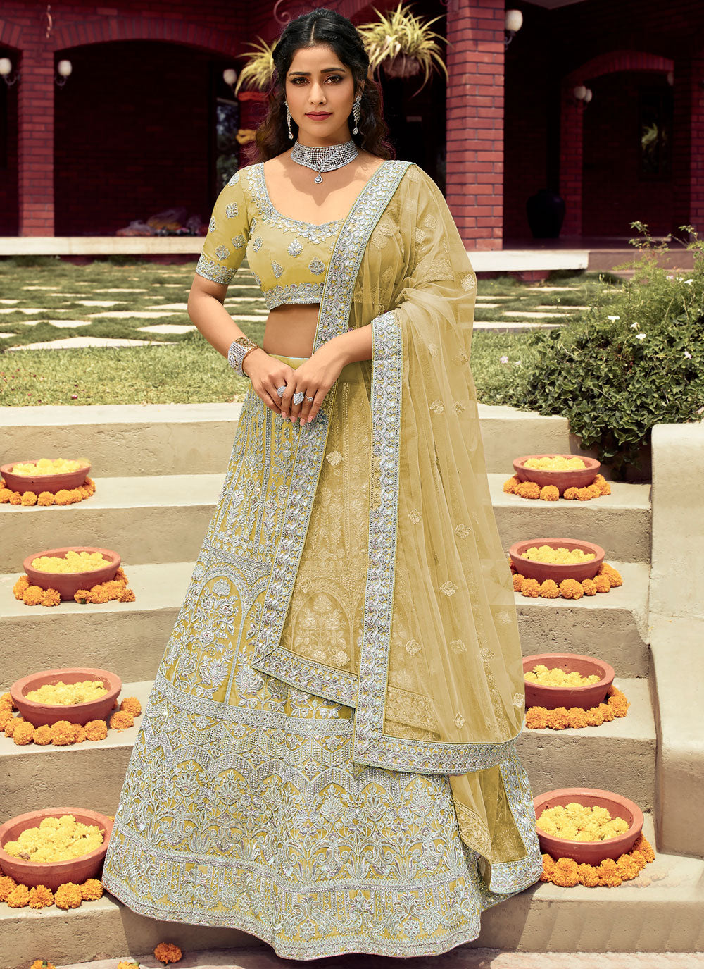 Light-Yellow Embroidered Organza Semi Stitched Lehenga