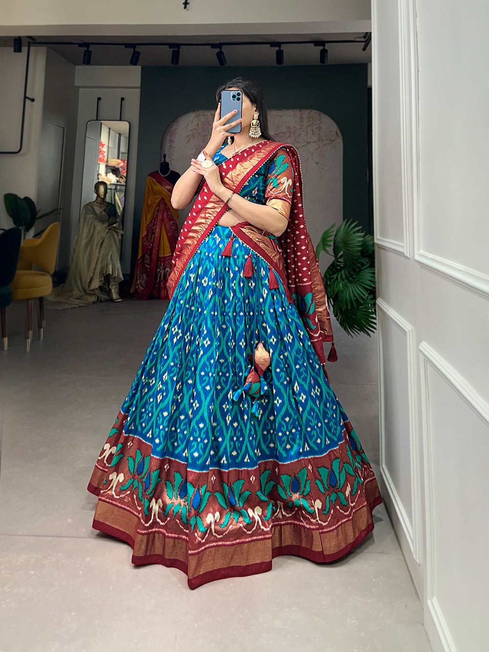 Firozi Blue Color Exuberant Dola Silk Lehenga Set with Stunning Foil Prints