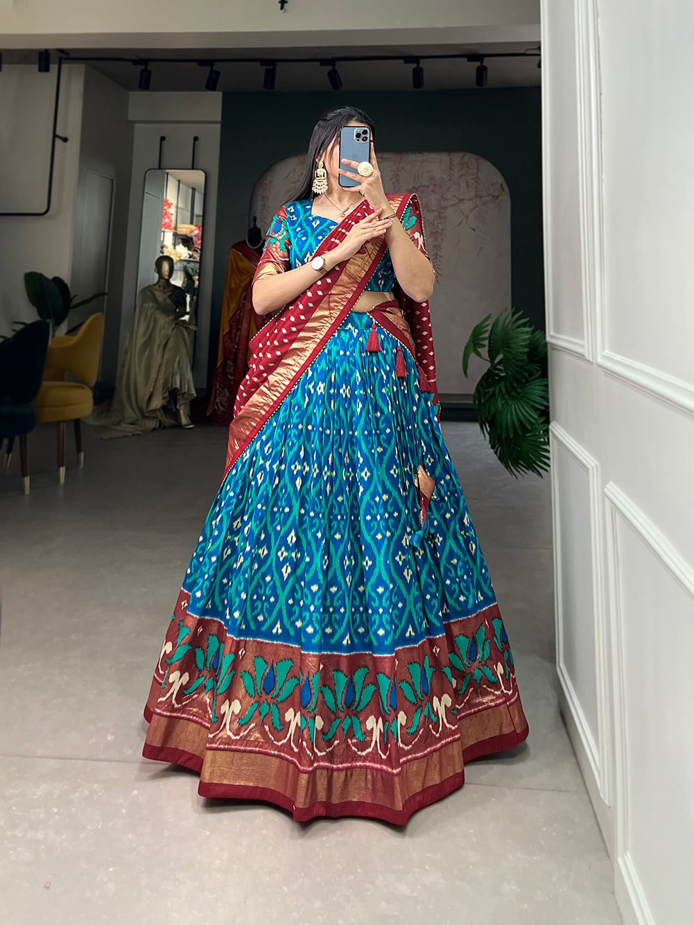 Firozi Blue Color Exuberant Dola Silk Lehenga Set with Stunning Foil Prints
