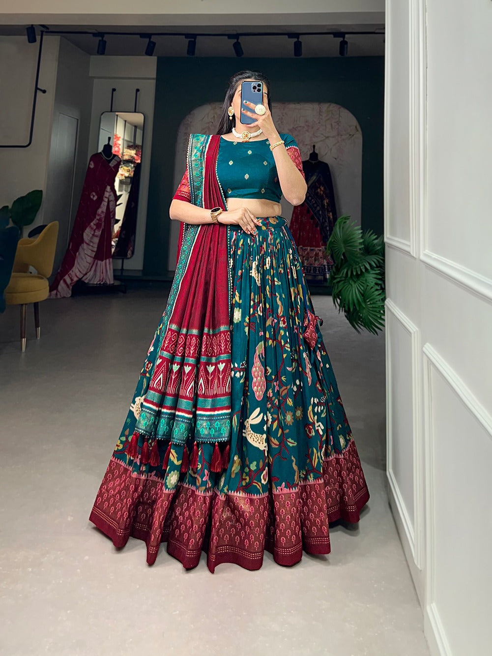 Firozi Color Mesmerize in Dola Silk Elegance Printed Lehenga Choli Set with Foil Work & Minakari