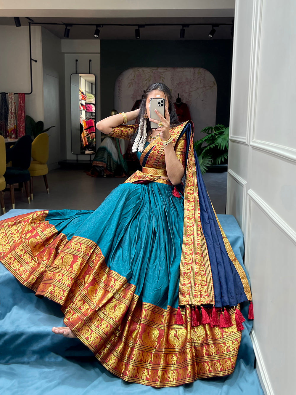Firozi Color Zari Weaving Work Narayan Pet (Cotton) Kollam Pattu Lehenga Choli