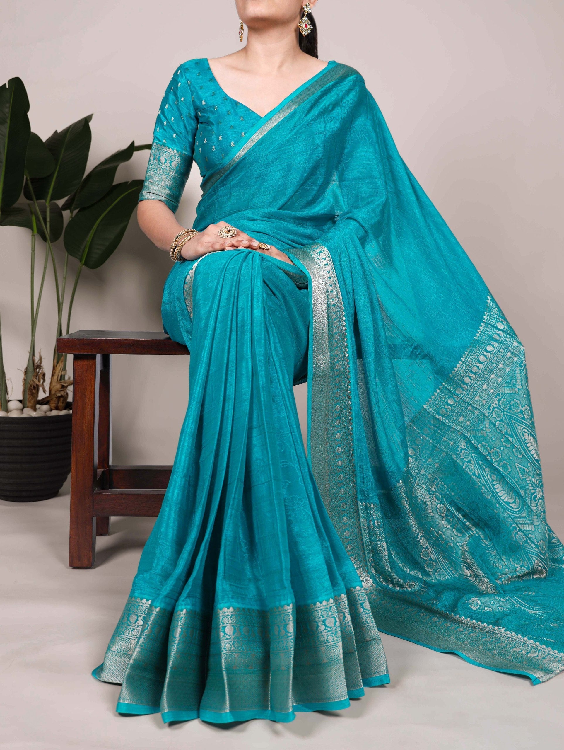 Firozi Elegant Chinon Saree with Self Print & Zari Weaving Work Unstitched Blouse Included