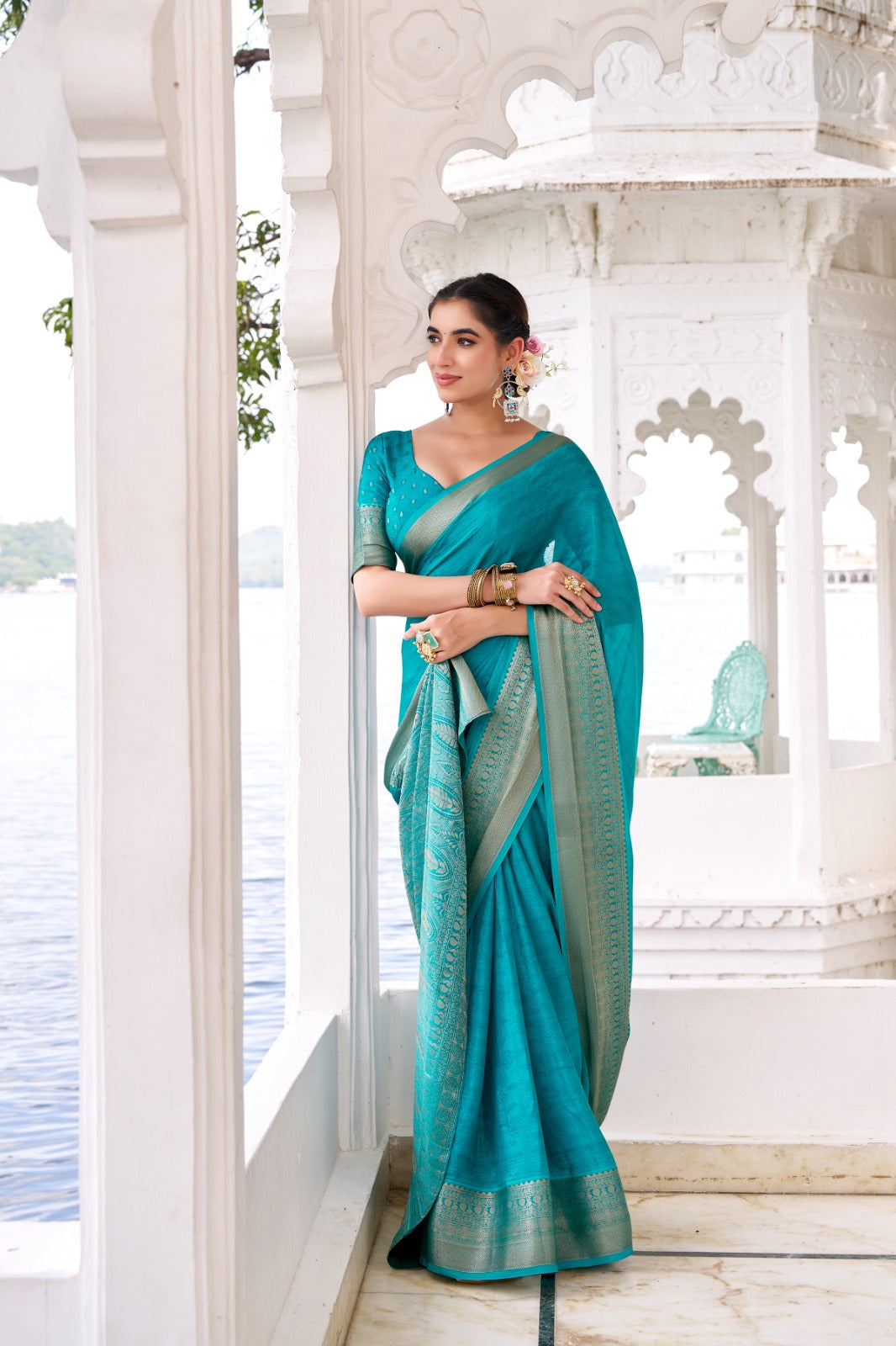 Firozi Elegant Chinon Saree with Self Print & Zari Weaving Work Unstitched Blouse Included