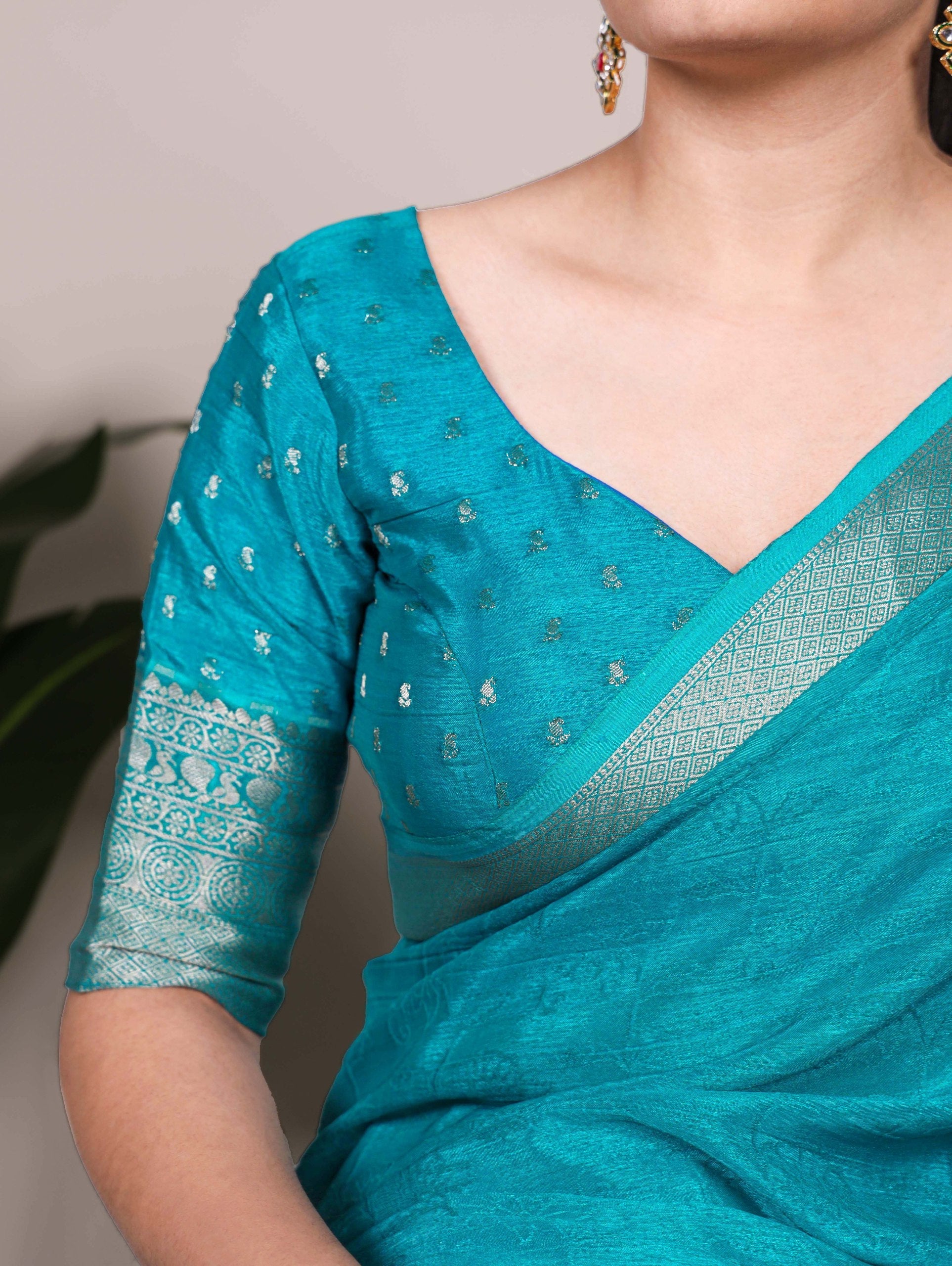 Firozi Elegant Chinon Saree with Self Print & Zari Weaving Work Unstitched Blouse Included