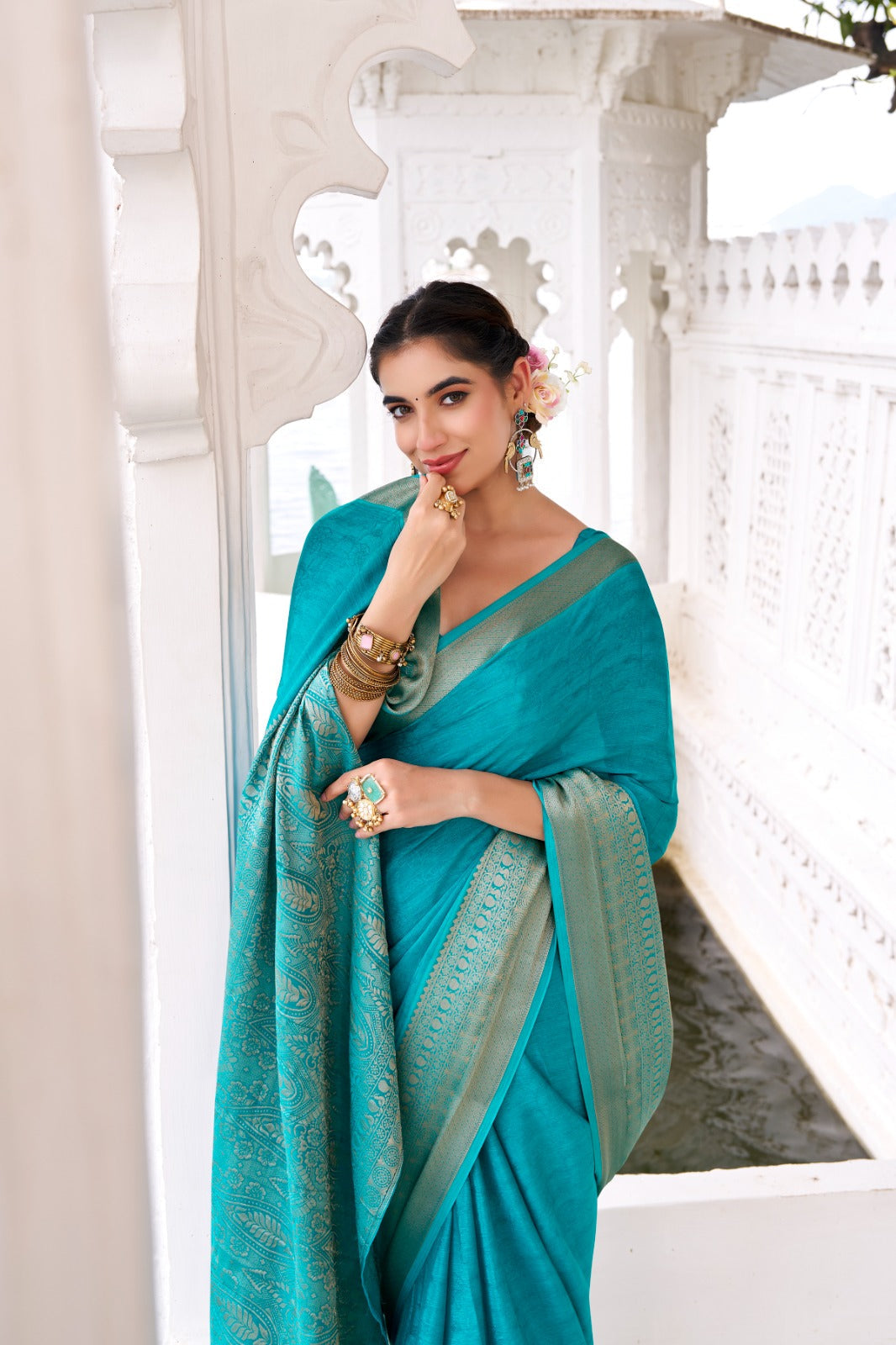 Firozi Elegant Chinon Saree with Self Print & Zari Weaving Work Unstitched Blouse Included
