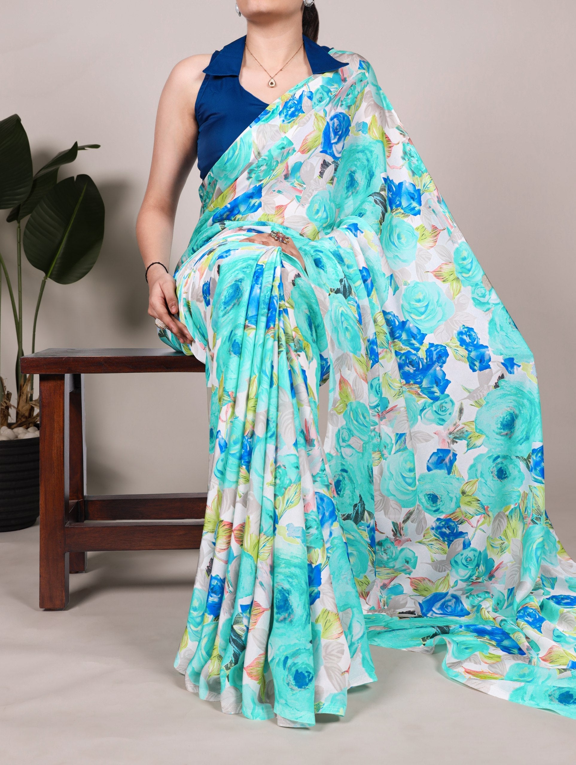 Firozi Elegant Floral Printed Dull Satin Saree with Moonga Silk Blouse