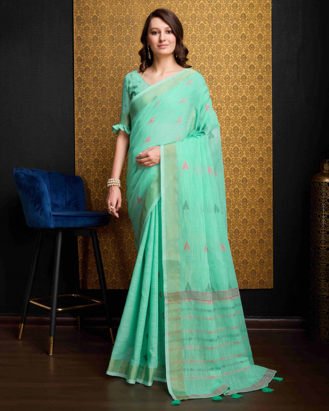 Firozi Elegant & Gold-Toned Ikat Woven Saree with Zari Border