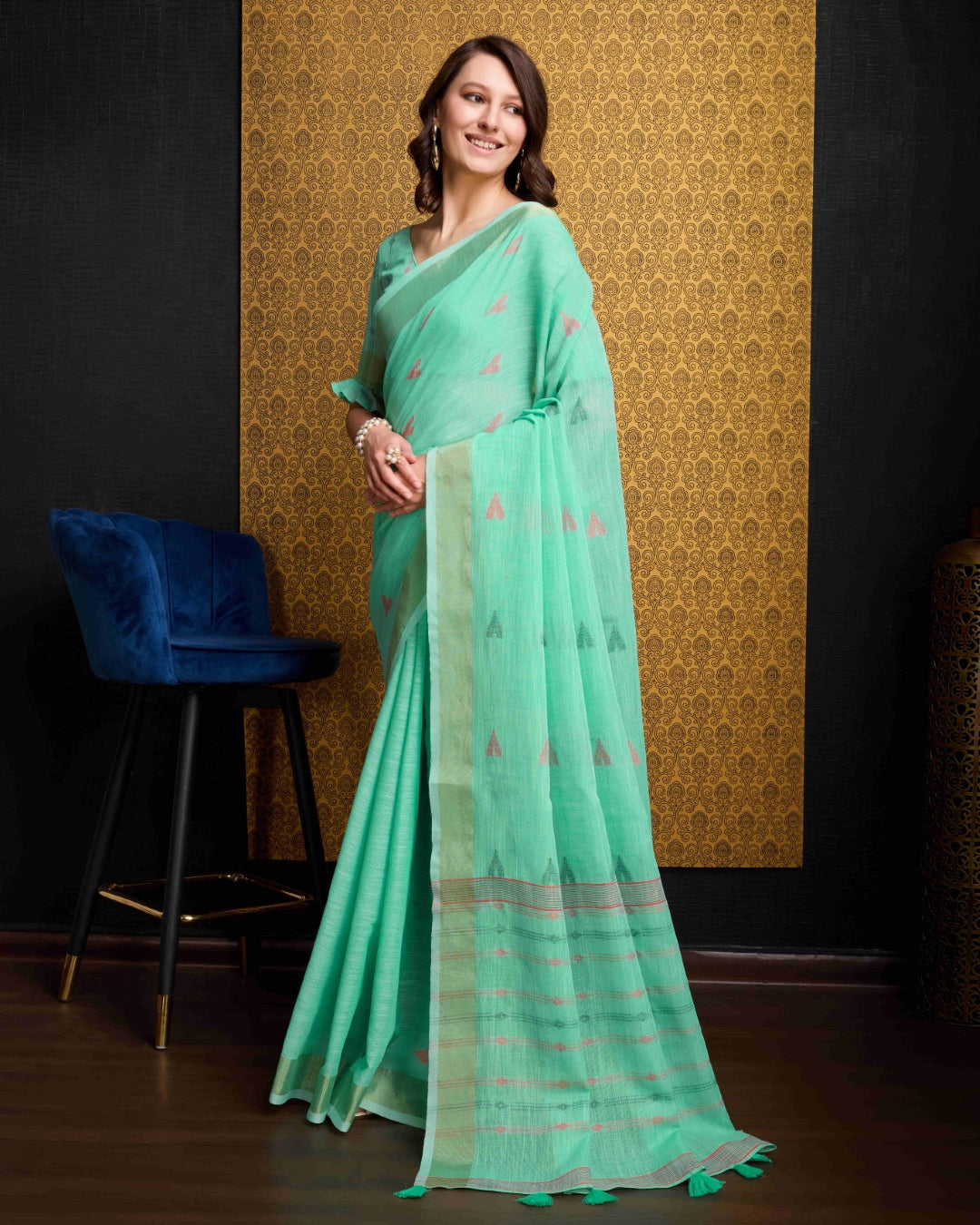 Firozi Elegant & Gold-Toned Ikat Woven Saree with Zari Border