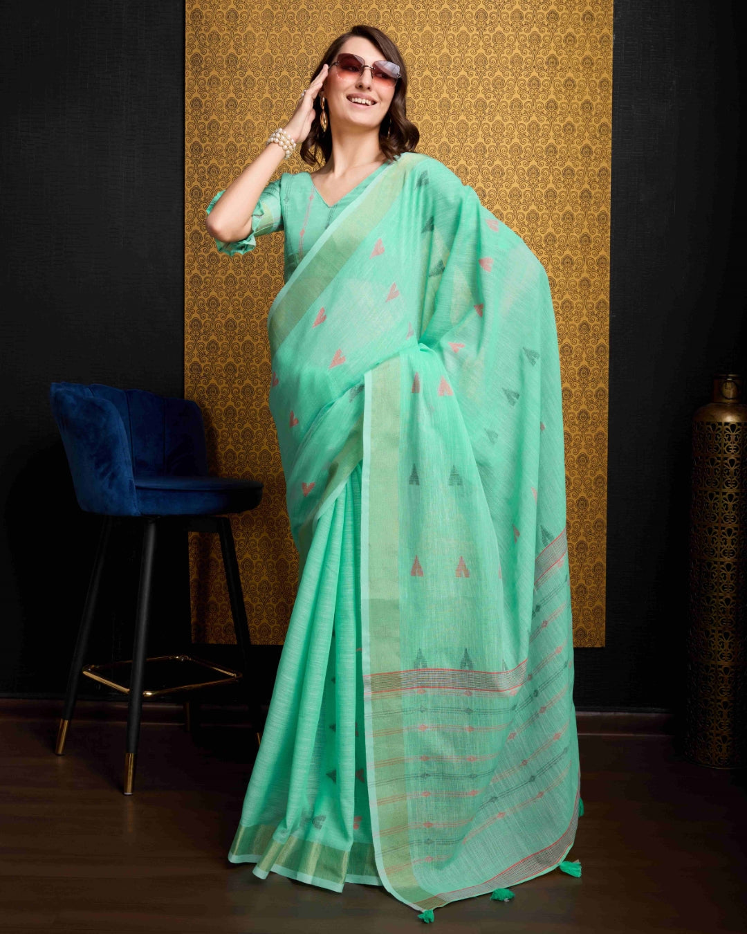 Firozi Elegant & Gold-Toned Ikat Woven Saree with Zari Border